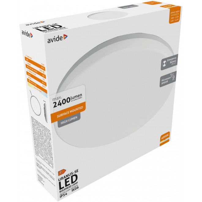 AVIDE ABBHL-18-24W-NW-URA-SE | Uranus Avide mennyezeti lámpa mozgásérzékelő inverter 1x LED 2400lm 4000K IP54 fehér