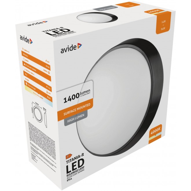 AVIDE ABBHL-R-14W-NW-BL-HL | Titania Avide mennyezeti lámpa 1x LED 1400lm 4000K IP54 fekete