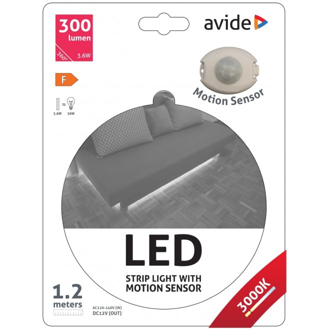 AVIDE ABLSBLBED-SEN-3W-S | AV-LS-Bed Avide LED szalag lámpa mozgásérzékelő 1x LED 300lm 3000K IP65