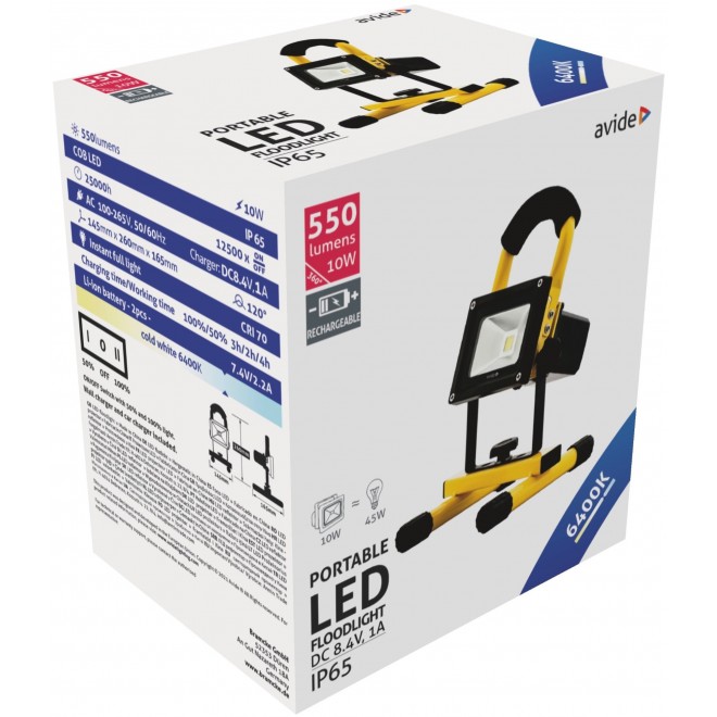 AVIDE ABRFLCW-10W | AV-Flood-ACCU Avide hordozható fényvető/reflektor lámpa szabályozható fényerő, elemes/akkus 1x LED 550lm 6400K IP65 fekete, sárga