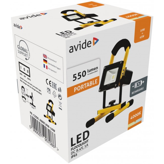 AVIDE ABRFLNW-10W | AV-Flood-ACCU Avide hordozható fényvető/reflektor lámpa szabályozható fényerő, elemes/akkus 1x LED 550lm 4000K IP65 fekete, sárga