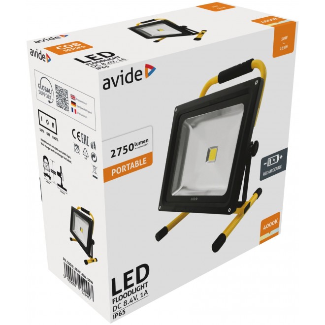 AVIDE ABRFLNW-50W | AV-Flood-ACCU Avide hordozható fényvető/reflektor lámpa szabályozható fényerő, elemes/akkus 1x LED 2750lm 4000K IP65 fekete, sárga