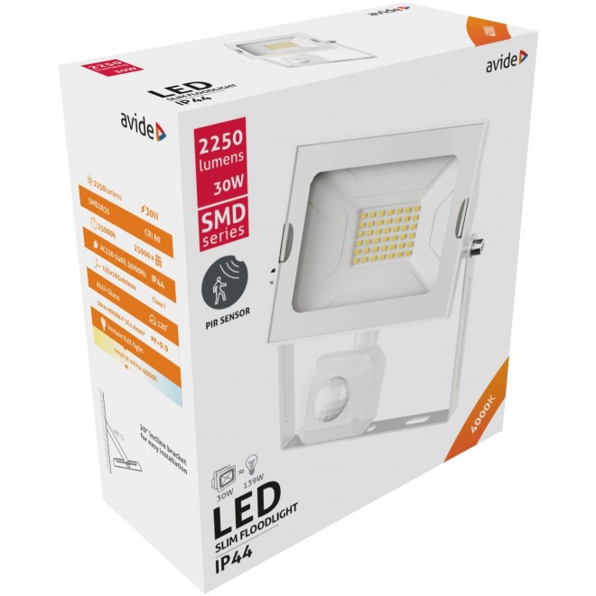 AVIDE ABSSFLNW-30W-PIR-W | AV-Flood-Slim Avide fényvető reflektor lámpa mozgásérzékelő 1x LED 2250lm 4000K IP44 fehér