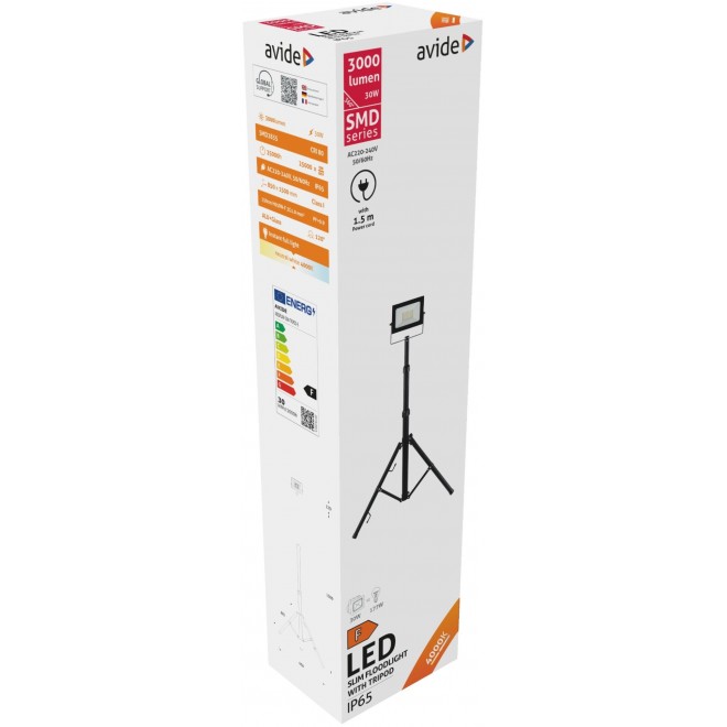 AVIDE ABSSFLNW-30W-TRIPOD-S | AV-Flood-Slim Avide hordozható fényvető/reflektor lámpa - tripod vezetékkel, villásdugóval elátott 1x LED 3000lm 4000K IP65 fekete