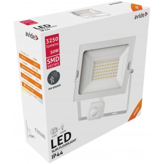 AVIDE ABSSFLNW-50W-PIR-W | AV-Flood-Slim Avide fényvető reflektor lámpa mozgásérzékelő 1x LED 3250lm 4000K IP44 fehér