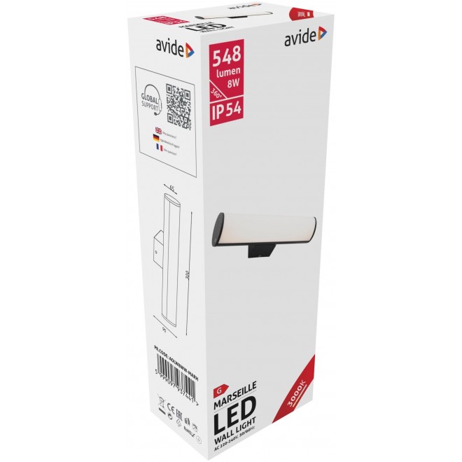 AVIDE AOLW8WW-MARH | Marseille Avide fali lámpa 1x LED 548lm 3000K IP54 fekete