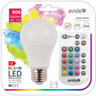 AVIDE ASG27RGBW-9.7W-RC | E27 9,7W Avide normál A60 LED fényforrás lámpa 806lm 2700K távirányító 200°