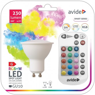 AVIDE ASGU10RGBW-4.2W-RC | GU10 4,2W Avide spot LED fényforrás lámpa 230lm 2700K távirányító 120°