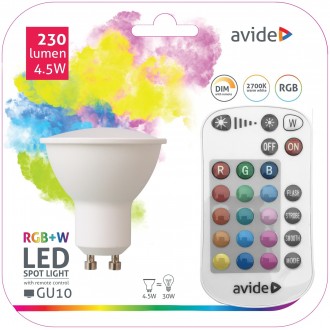 AVIDE ASGU10RGBW-4.5W-RC | GU10 4,5W Avide spot LED fényforrás lámpa 230lm 2700K távirányító 240°