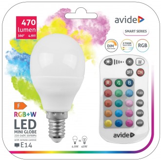 AVIDE ASMG14RGBW-4.9W-RC | E14 4,9W Avide LED fényforrás lámpa 470lm 2700K távirányító 180°