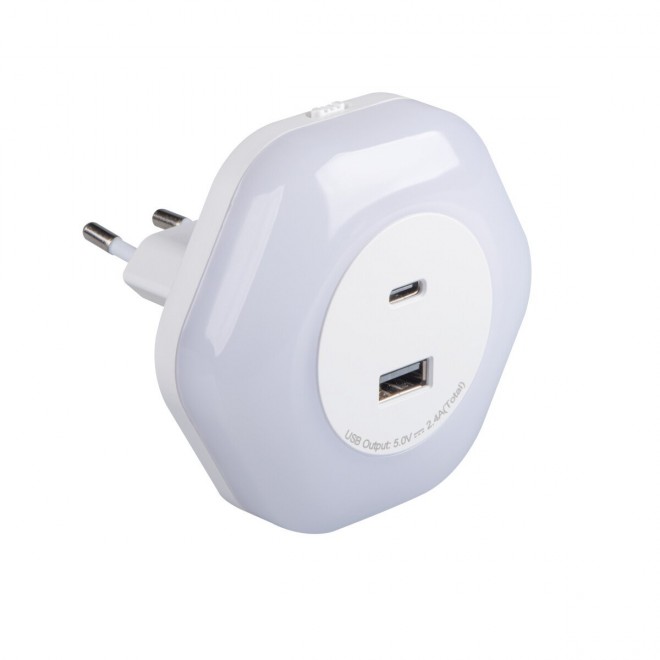 KANLUX 37397 | Bola-KL Kanlux éjjelifény lámpa - BOLA LED 2xUSB WW W - fényérzékelő szenzor - alkonykapcsoló konnektorlámpa, USB csatlakozó 1x LED 4lm 3000K fehér